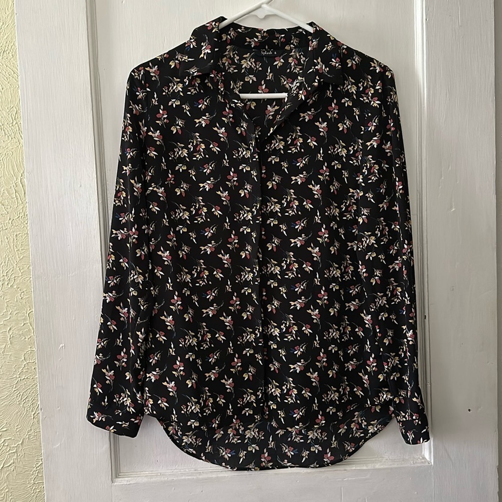 Splash Boho Lightweight Black Floral Long Sleeve Button Down Blouse Top